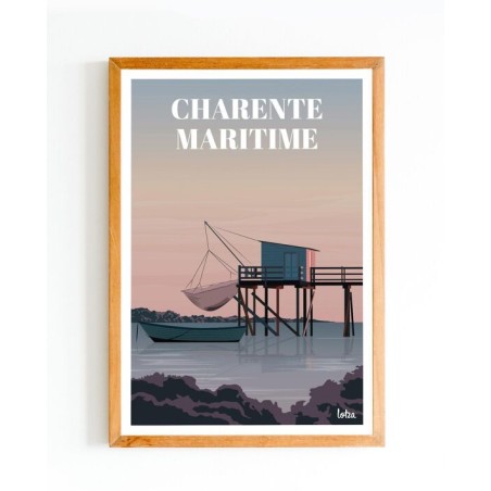 Affiche Charente-Maritime Carrelet, poster vintage minimaliste, décoration intérieure, illustration pêcheur