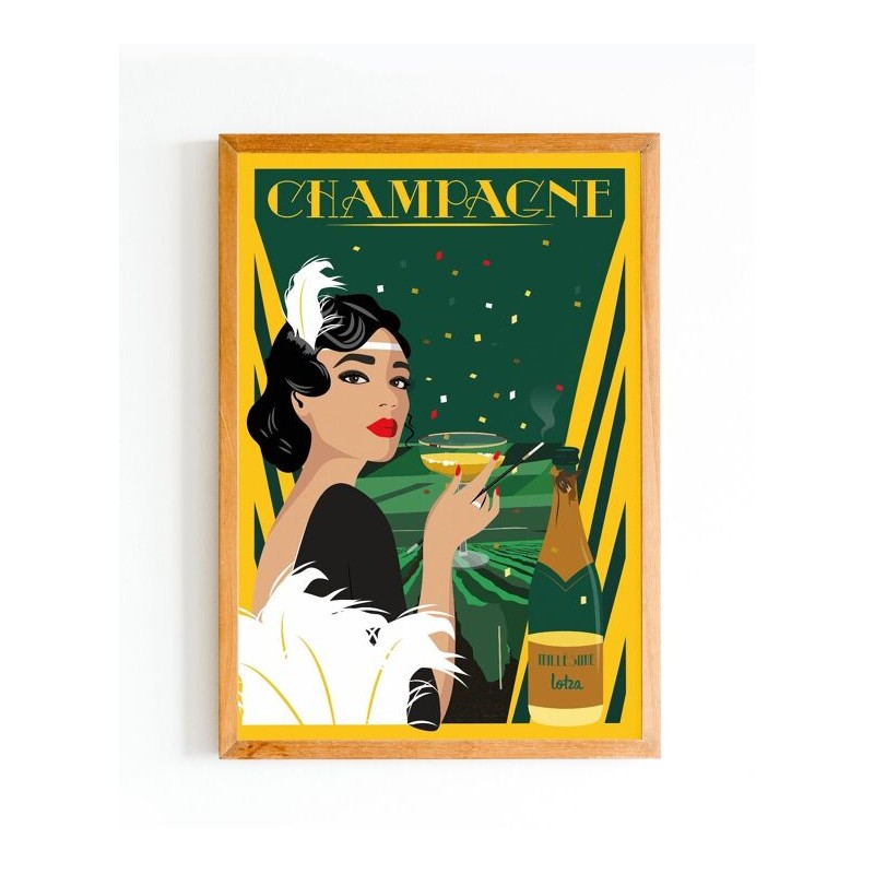 Affiche vintage de décoration intérieure Champagne Années Folles - Poster rétro minimaliste pour salon ou cuisine