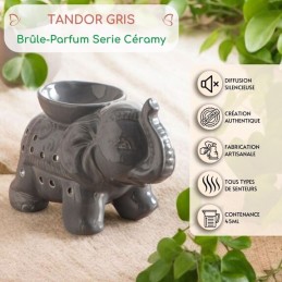 Brûle Parfum en céramique Éléphant Tandor gris, diffuseur artisanal pour cire fondante et huiles essentielles