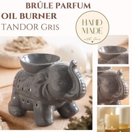 Brûle Parfum en céramique Éléphant Tandor gris, diffuseur artisanal pour cire fondante et huiles essentielles