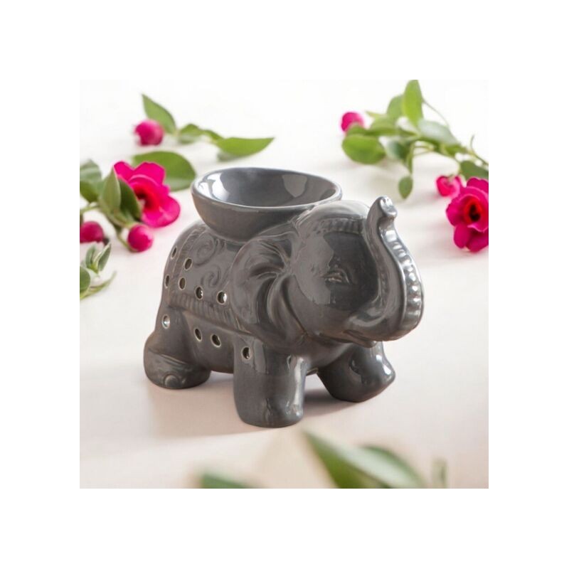 Brûle Parfum en céramique Éléphant Tandor gris, diffuseur artisanal pour cire fondante et huiles essentielles