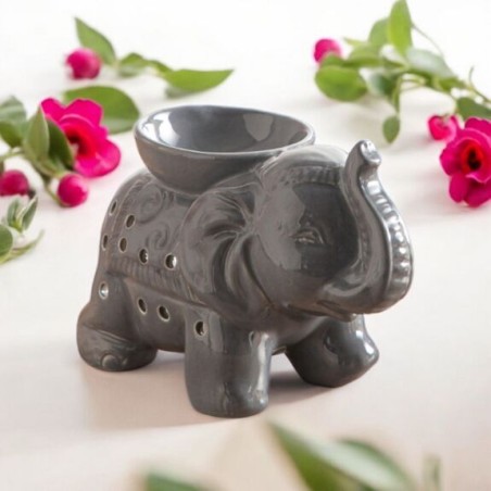 Brûle Parfum en céramique Éléphant Tandor gris, diffuseur artisanal pour cire fondante et huiles essentielles