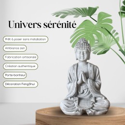 Figurine Bouddha Méditation grise en position zen, décoration Feng Shui apaisante pour l’intérieur