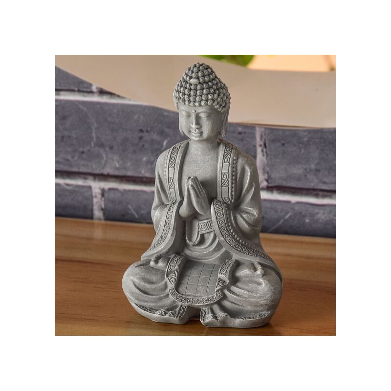 Figurine Bouddha Méditation grise en position zen, décoration Feng Shui apaisante pour l’intérieur