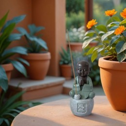 Statue Bonze Porte-Encens Bouddha en Méditation avec Calligraphie Feng Shui